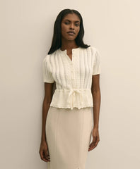 Short-Sleeve Pointelle Peplum Cardigan