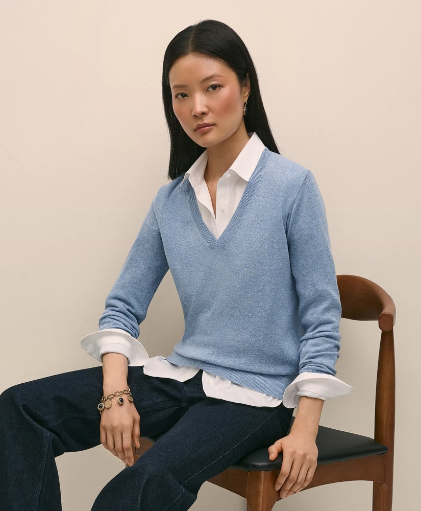 Silk V-Neck Marled Knit Relaxed Sweater