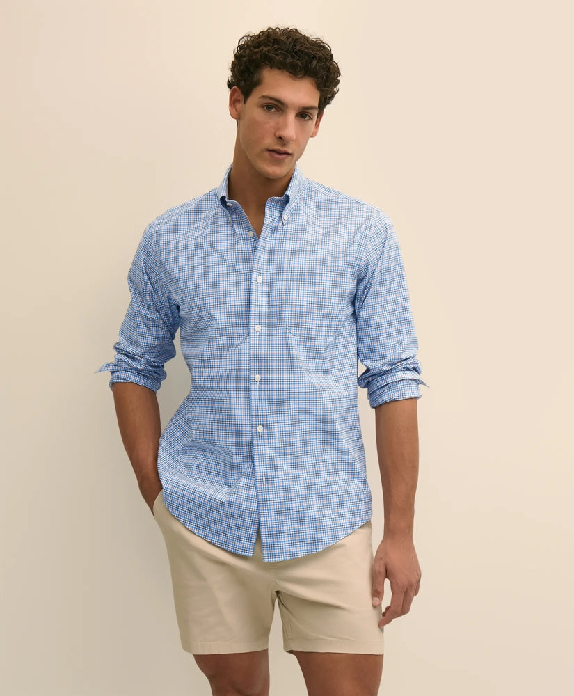 Stretch Cotton Non-Iron Broadcloth Polo Button-Down Collar, Multi-Check Sport Shirt