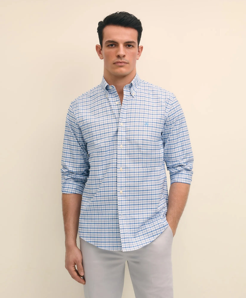 Stretch Cotton Non-Iron Oxford Polo Button-Down Collar, Outline Check Shirt