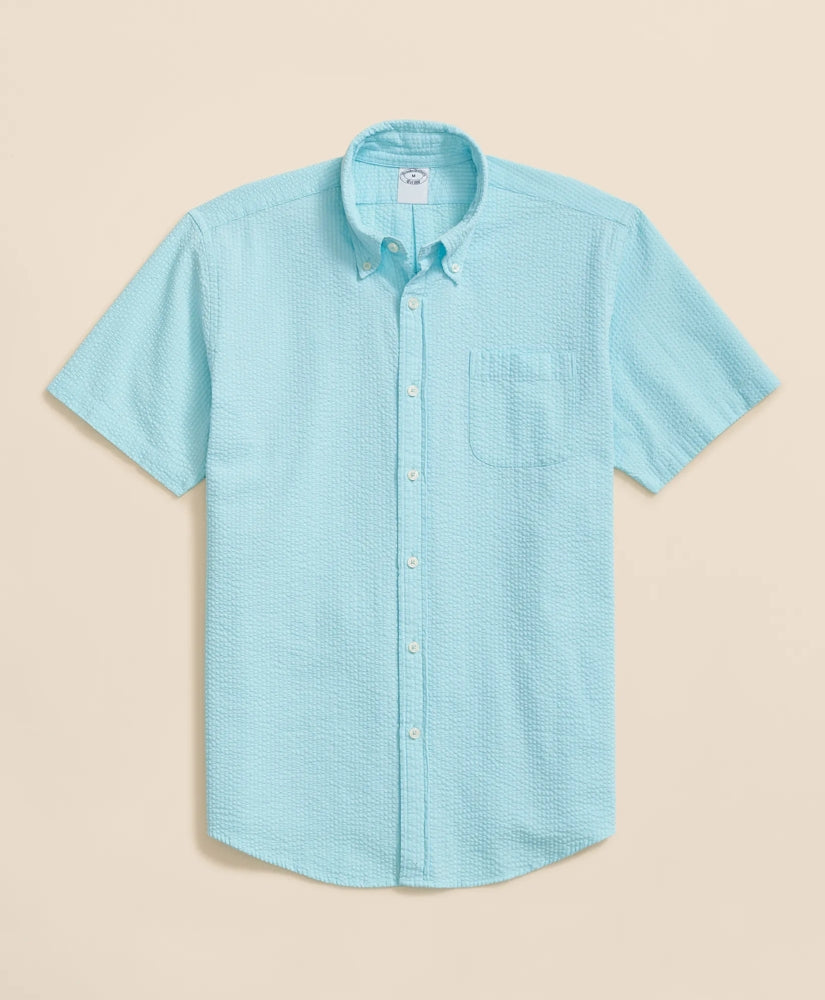 Stretch Cotton Seersucker Button-Down Collar Short-Sleeve Sport Shirt