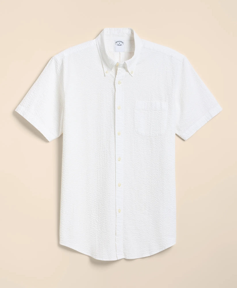 Stretch Cotton Seersucker Button-Down Collar Short-Sleeve Sport Shirt