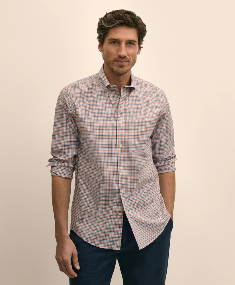 Stretch Cotton Non-Iron Broadcloth Polo Button-Down Collar, Check Sport Shirt
