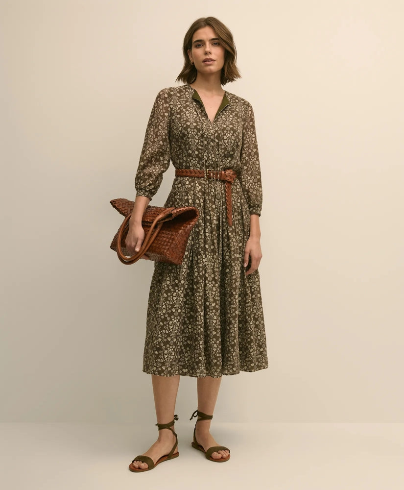 Tie-Neck Pleated Floral-Trellis Print Dress
