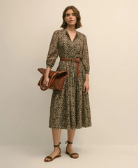 Tie-Neck Pleated Floral-Trellis Print Dress