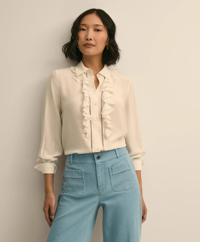 Viscose Ruffle Open-Stitch Placket Blouse