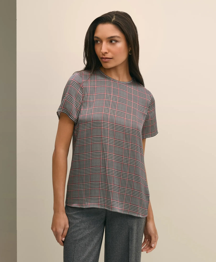 Washable Silk Charmeuse Plaid Short-Sleeve Top