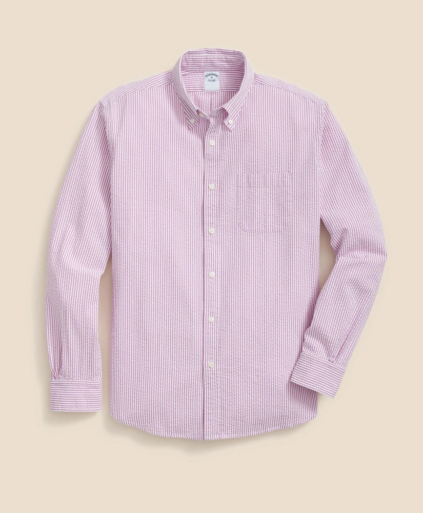 Washed Cotton Seersucker Button-Down Collar, Stripe Sport Shirt