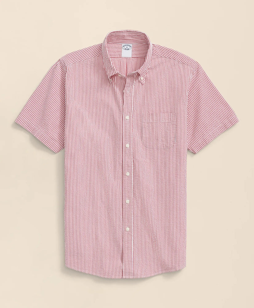 Washed Cotton Seersucker Button-Down Collar, Stripe Short-Sleeve Sport Shirt