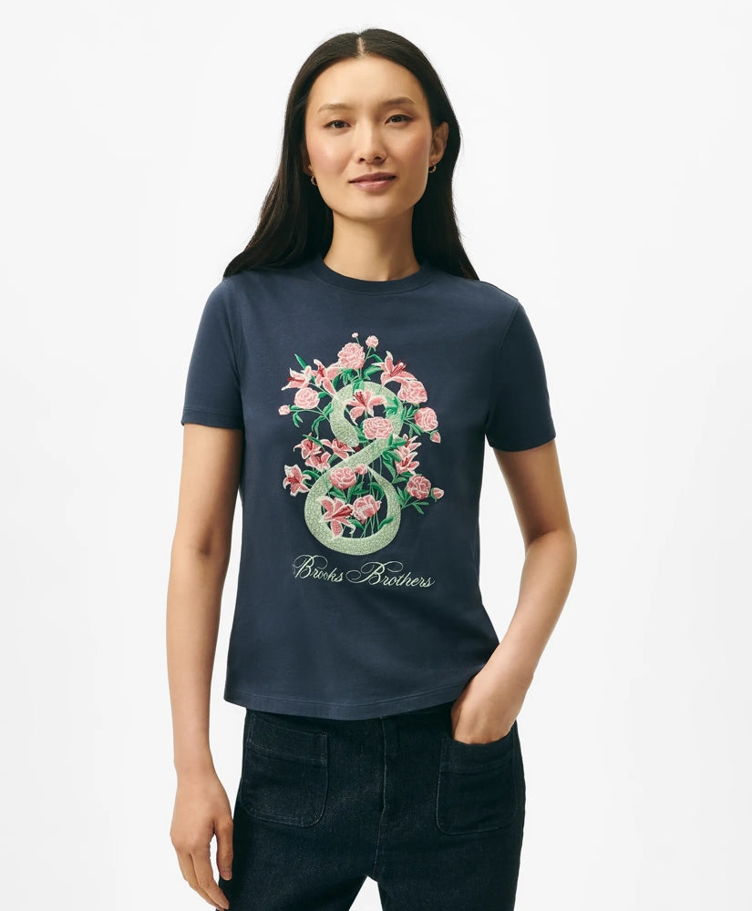 Women's Lunar New Year Cotton Embroidered Bouquet Snake Motif T-Shirt