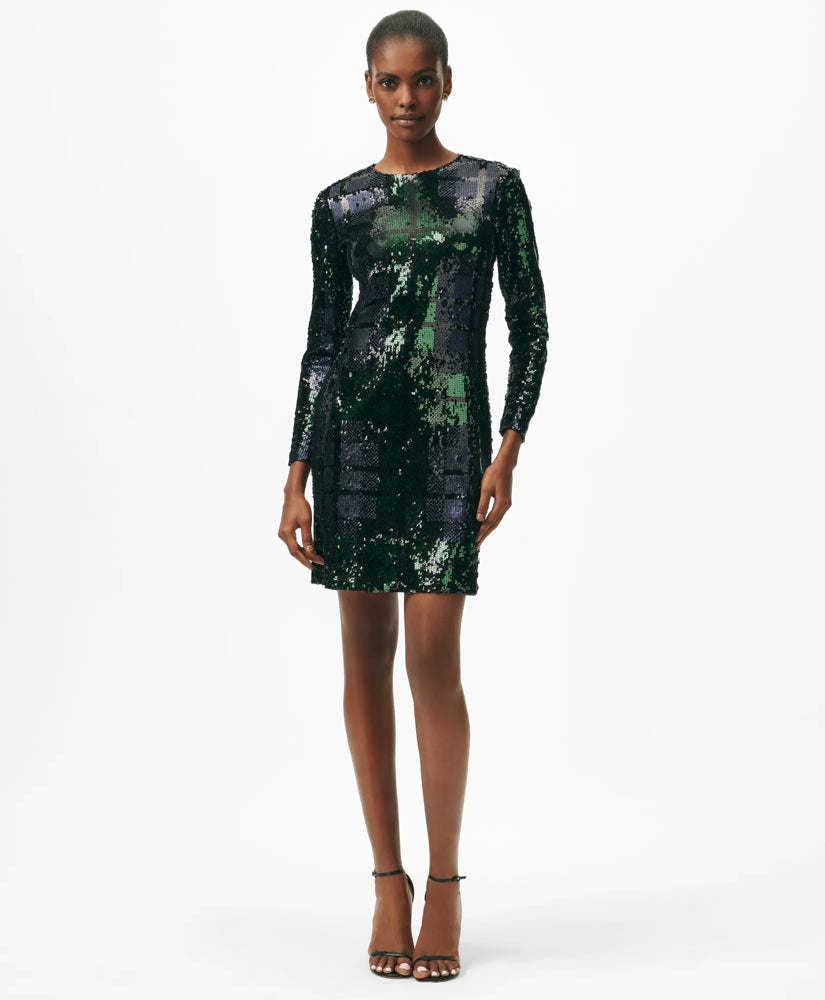 Relaxed Shift Dress in Sequined Black Watch Motif